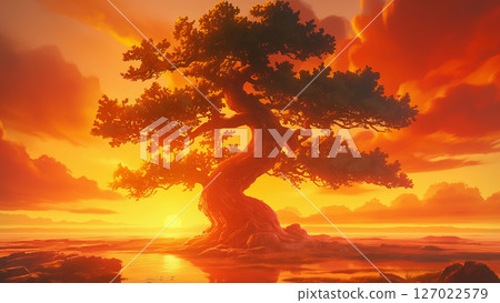 A giant tree with the sun setting on the horizon, anime style 127022579