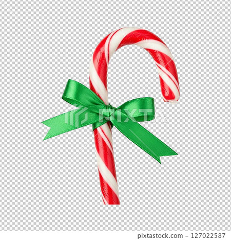 Festive candy cane tied with a vibrant green ribbon PNG clip art isolated on a transparent background. 127022587