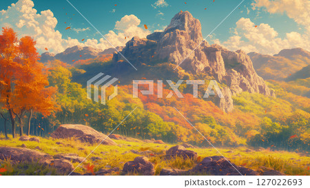 Autumn rocky mountain landscape, anime style Autumn rocky mountain landscape, anime style 127022693