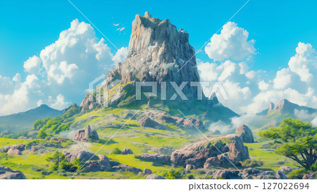 Huge rocky mountain landscape, anime style Huge rocky mountain landscape, anime style 127022694