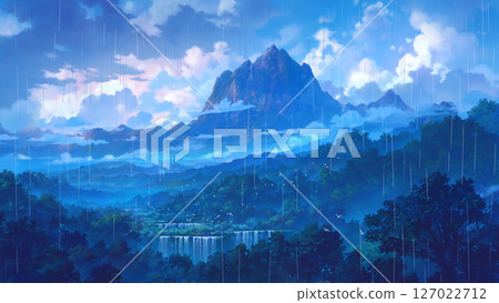 雨水和遠處的落基山脈景觀，動漫風格 127022712
