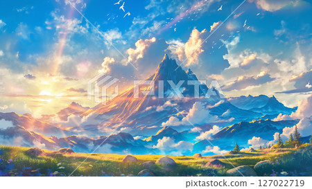 Landscape of the sunrise and huge rock mountain, anime style 127022719