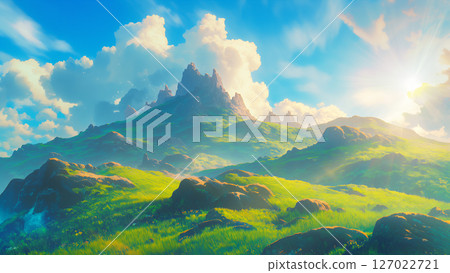 Sunlit rocky mountain landscape, anime style 127022721