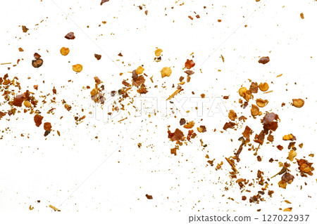 dried red chili pepper flakes and seeds isolated on white background dried red chili pepper flakes and seeds isolated on white background 127022937