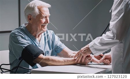 Doctor checking blood pressure of a happy elderly patient with a sphygmomanometer in a hospital, promoting wellness and good health 127023120