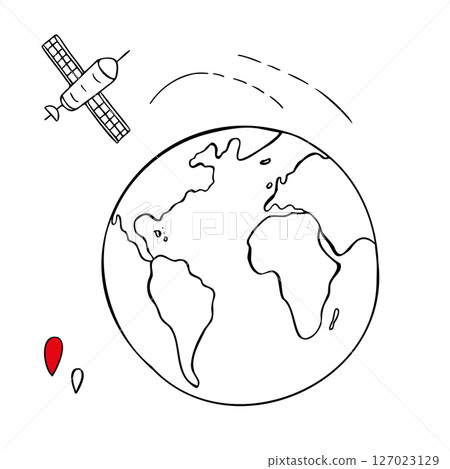 Earth globe, space satellite and location icons vector set line art black ink sketch. Navigation system for communication monochrome flat for internet, telecom, blogging concept, digital projects. Earth globe, space satellite and location icons vector set line art black ink sketch. Navigation system for communication monochrome flat for internet, telecom, blogging concept, digital projects. 127023129