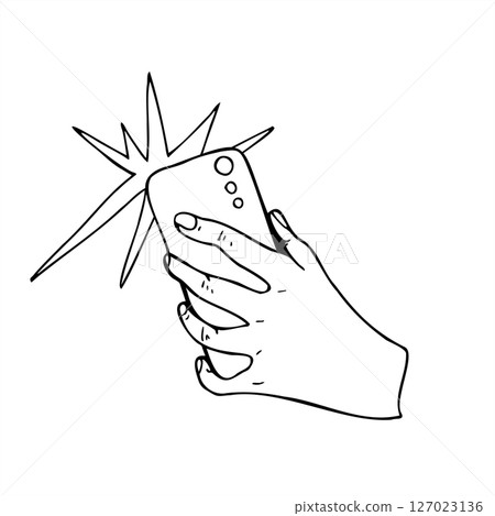 Hand holding smartphone back view with flash icon monochrome vector illustration painted by black inks. For selfie concepts, blogging tutorials and social media content, and tech related projects. 127023136