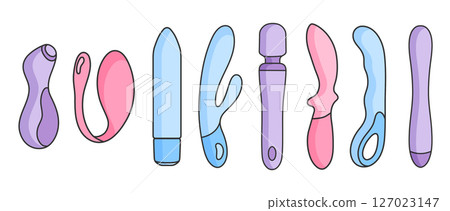 a set of types of vibrator, rabbit, penguin, adult sex toy, accessories for sex games, linear black and pink, blue, violet purple icons, doodle and sketch style, hand drawing 127023147