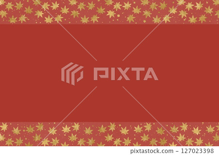 秋季日式範本。紅色背景頂部和底部有金楓葉圖案和方形五彩紙屑 127023398