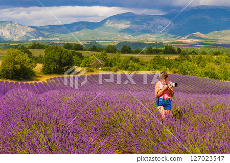 Woman take photo on lavender field, Provence France 127023547