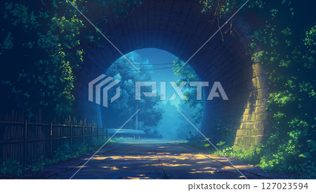 Scenery of a tunnel with changing light and dark, anime style 127023594