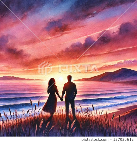 Back view of a couple embracing each other under a fiery sunset 127023612