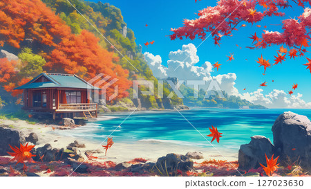 Scenery of a beach house in autumn with red leaves, anime style Scenery of a beach house in autumn with red leaves, anime style 127023630
