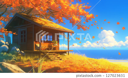 Autumn scene of a small beach house, anime style Autumn scene of a small beach house, anime style 127023631