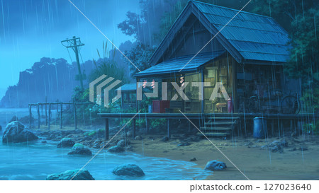 雨天海灘別墅場景，動漫風格 127023640
