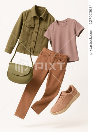Casual Women's Outfit with pink tee, brown pants, green jacket, olive handbag, and blush sneakers. 127023684
