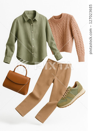 Stylish women's outfit featuring green shirt, cable knit sweater, tan pants, brown bag, and green sneakers 127023685