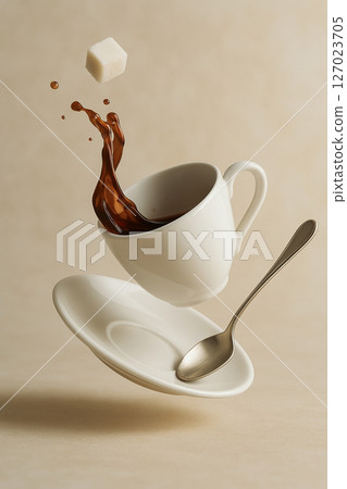 Levitating coffee cup and saucer with splash, sugar cube, and spoon on neutral background 127023705
