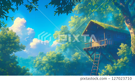 在陽光明媚的日子裡,叢林中的山間小屋的風景,動漫風格 在陽光明媚的日子裡,叢林中的山間小屋的風景,動漫風格 127023710