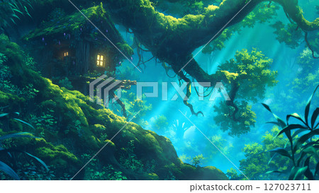 Beautiful jungle mountain hut scene with sunlight filtering through the trees, anime style 127023711