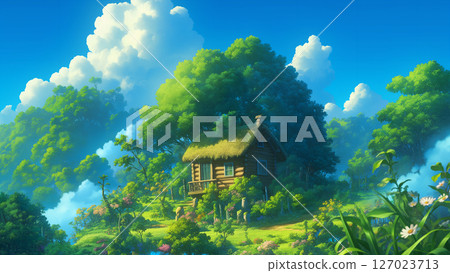 叢林中的山間小屋風景，藍天白雲，動漫風格 127023713