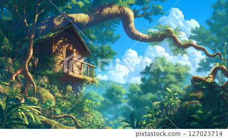 夏季叢林山間小屋場景，動漫風格 127023714
