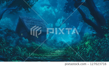 黑暗叢林中的山間小屋場景，動漫風格 127023716