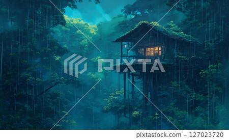雨天叢林山間小屋的場景，動漫風格 127023720