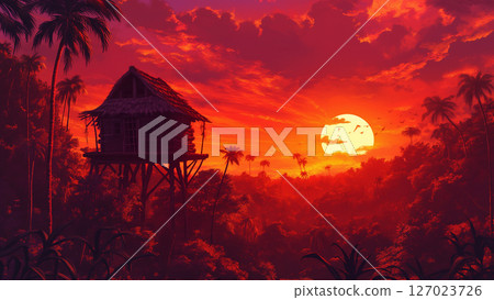 Scenery of a mountain hut in the jungle with the setting sun, anime style 127023726