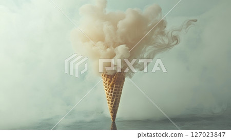 Ice cream cone filled with smoke on reflective surface, surrealist art concept 127023847