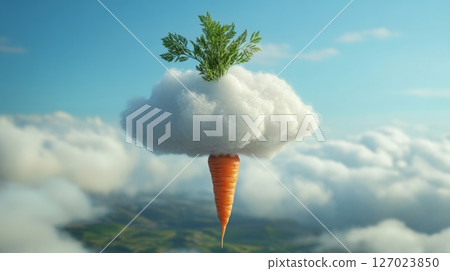 Floating carrot with cloud in sky, surreal fantasy concept 127023850
