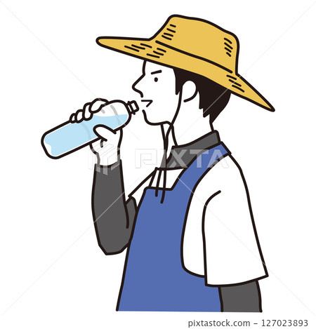 農場工人用塑膠瓶喝水預防中暑的簡單圖示 127023893