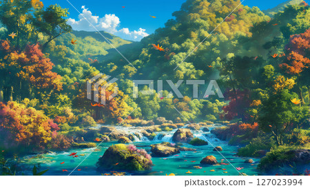 河流流經秋季森林的風景，動漫風格 127023994