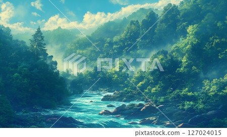 河流流經夏日森林的風景，動漫風格 127024015