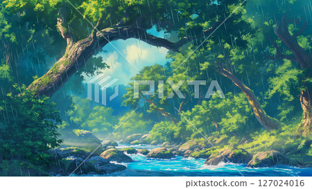 狐狸婚禮森林中河流的風景，動漫風格 127024016