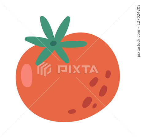 Cartoon illustration featuring a vibrant, ripe red tomato adorned with fresh green leaves, representing the essence of healthy eating and the joy of fresh produce 127024205