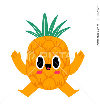Funny cartoon character of a joyful pineapple running with open arms, big eyes and a large smile, isolated illustration on white background 127024232