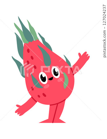 Cartoon dragon fruit character waving with hands and smiling, funny kawaii exotic fruit with smiling face, arms and legs, isolated illustration on white background Cartoon dragon fruit character waving with hands and smiling, funny kawaii exotic fruit with smiling face, arms and legs, isolated illustration on white background 127024237
