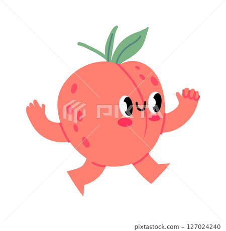 Cartoon peach character walking and waving hello, featuring a cute, funny face with arms and legs. Representing healthy food, perfect for children s illustrations and cheerful designs Cartoon peach character walking and waving hello, featuring a cute, funny face with arms and legs. Representing healthy food, perfect for children s illustrations and cheerful designs 127024240