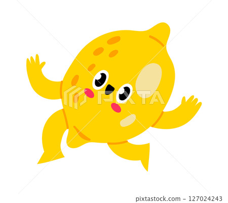 Cheerful lemon cartoon character waving with arms and legs, isolated on white background, suitable for children products, food and beverage marketing, and educational materials Cheerful lemon cartoon character waving with arms and legs, isolated on white background, suitable for children products, food and beverage marketing, and educational materials 127024243