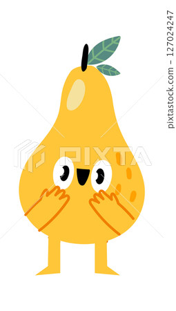 Surprised yellow pear cartoon character with big eyes, hands on face, and small legs is standing against a white background, creating a playful and expressive image 127024247