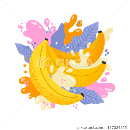 Ripe bananas are surrounded by splashes of creamy yogurt and colorful leaves, creating a vibrant and refreshing scene that evokes a sense of health and deliciousness 127024255