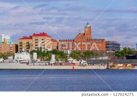 Gothenburg city skyline with HswMS Halland class destroyer Smaland and Navigation school on sunny day, Sweden 127024275