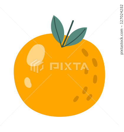 Vibrant orange fruit with textured skin and two green leaves, representing freshness and healthy eating habits, perfect for food illustrations or vitamin C related designs Vibrant orange fruit with textured skin and two green leaves, representing freshness and healthy eating habits, perfect for food illustrations or vitamin C related designs 127024282