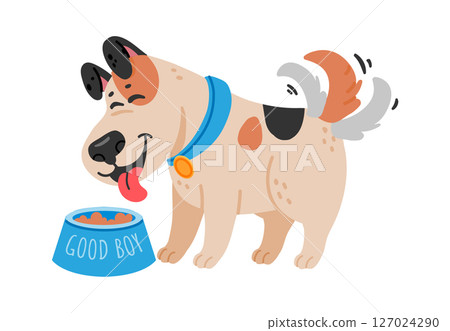 Happy cartoon dog enjoying a meal from a blue bowl, featuring a good boy inscription, wagging its tail joyfully, isolated against a clean white background 127024290