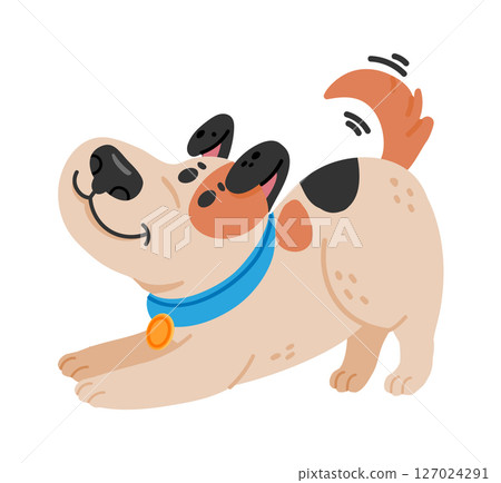 Cartoon dog wearing a blue collar and an orange tag, joyfully stretching its front legs and wagging its tail, radiating happiness and playfulness against a clean white background 127024291