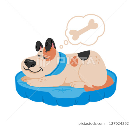 Spotted dog wearing a blue collar peacefully sleeping on a cozy blue dog bed, dreaming of a big bone, illustrated in a charming cartoon style against a clean white background Spotted dog wearing a blue collar peacefully sleeping on a cozy blue dog bed, dreaming of a big bone, illustrated in a charming cartoon style against a clean white background 127024292