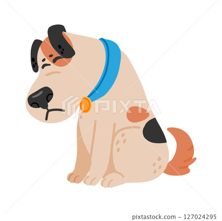 Cute cartoon dog sitting with a drooping head, wearing a blue collar adorned with a medal, expressing feelings of sadness and disappointment, radiating an air of loneliness 127024295