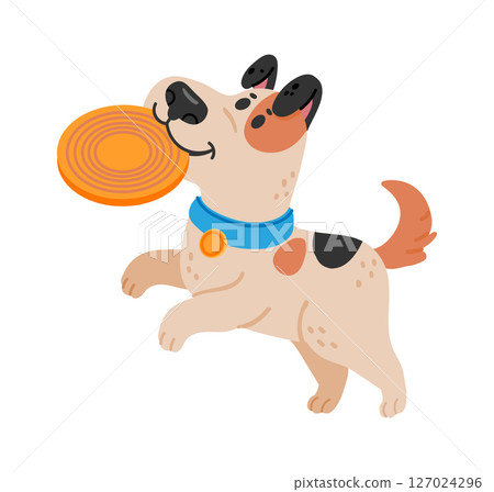 Playful spotted dog running joyfully while holding an orange frisbee in its mouth, relishing a fun game of fetch in the park under the bright sun Playful spotted dog running joyfully while holding an orange frisbee in its mouth, relishing a fun game of fetch in the park under the bright sun 127024296