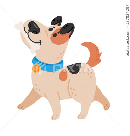 Cute spotted dog wearing a blue collar and orange tag joyfully walking while carrying a big white bone in its mouth, radiating happiness and playful energy 127024297